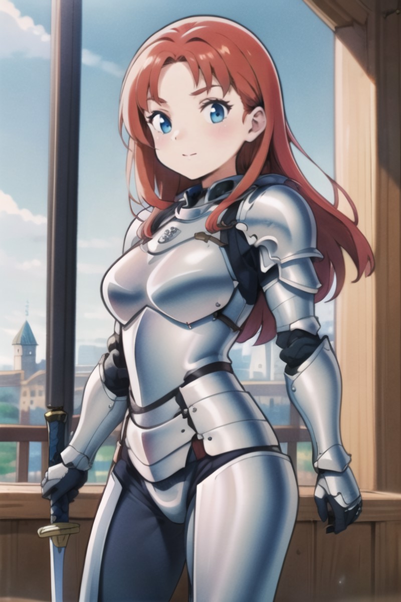 (best quality, masterpiece, illustration:1.1), 1girl, female knight, full metal armor, red hair, grey eyes, holding sword,...